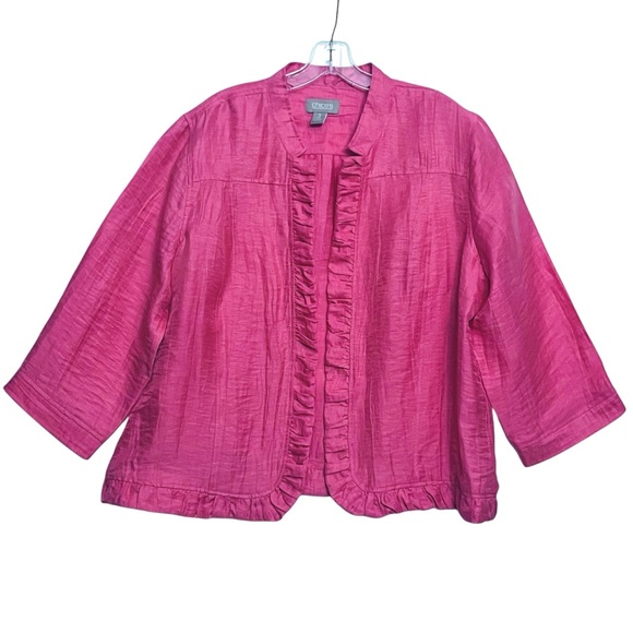Chico’s Linen Blend Jacket Pink Ruffle Trim Open Front 3/4 Sleeve Blazer - Picture 2 of 12
